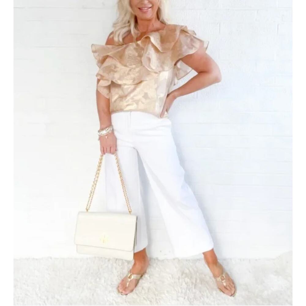 LILLY PULTIZER NWT Trixie One Shoulder Gold Organza Brocade Blouse // XS - Picture 3 of 12